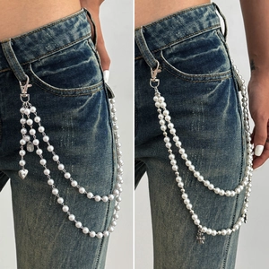 Chaîne de Pantalon Multicouche Hip Hop pour Femmes Künstliche Perle d'Imitation Alliage Croix Cœur Pendentif Chaîne de Taille Punk Streetwear Accessoire Ceinture