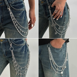 Punk Multi Layer Star Moon Pendant Pants Chain For Women Men Silver Metal Waist Chain Hip Hop Y2K Jeans Decor Jewelry