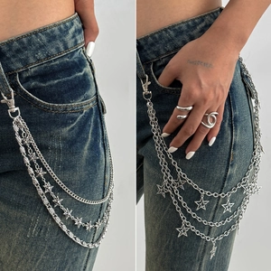Multilayer silver star chain belt for jeans with hollow star pendants in punk style