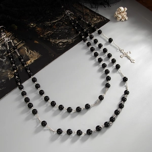 Gothic double-layered trouser chain with faux pearls, black beads and cross pendant