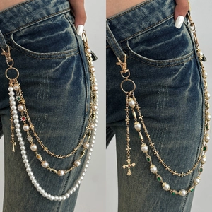 Hip Hop Multi Layer Waist Chain For Women Imitation Artificial Pearl Alloy Cross Pendant Colorful Rhinestone Pants Chain Jewelry