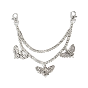Gothic silver double-layer trousers chain with engraved moth pendants and skull charms