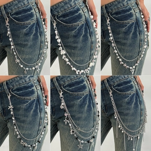 Y2K Mode Meerlagige Zilveren Metalen Tailleketting Voor Vrouwen Strik Hart Ster Hanger Imitatieparel Broekketting Streetwear Sieraden Cadeau