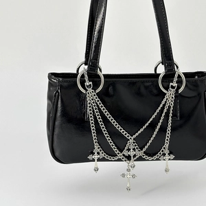 Black Y2K gothic shoulder bag with silver metal chains and cross pendants