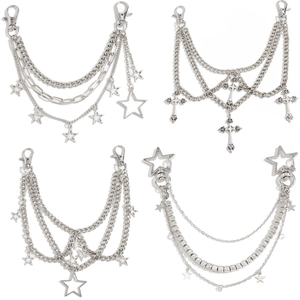 Silver hip hop chain set with cross and star pendants for pants or bags