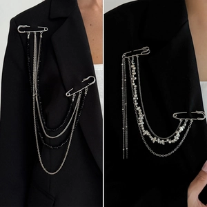 Punk Hip Hop Multi Layered Chain Tassel Brooch With Star Charm Safety Pin Style For Suit Coat Gothic Women Men Jewelry