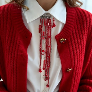 Hip Hop Long Tassel Chain Brooch For Women Alloy Crystal Seed Beads Safety Pin Brooch Bohemian Suit Accessory Jewelry