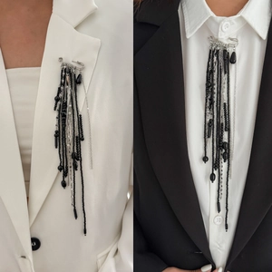 Gothic hip-hop crystal beaded tassel chain brooch for blazers with black and silver charms