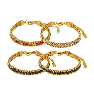 Bracelet en Acier Inoxydable Plaqué Or 18K avec Zircon pour Femmes Bracelet Chaîne Incrusté de Zircon Multicolore Blanc Vert Bleu Bijoux