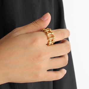 18K gold plated stainless steel gear chain ring with industrial mechanical design for men and women