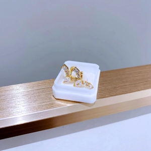 Makro-Detail goldener Flügel-Ohrringe mit Zirkon-Steinen auf einem Schmuckständer