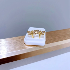 Makro-Detail des goldenen Libellen-Ohrrings mit funkelnden Zirkon-Flügeln auf dem Ständer