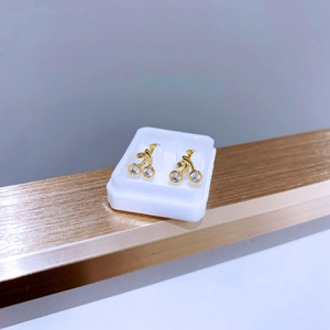 Nahaufnahme goldener Kirsch-Ohrstecker mit Zirkonia-Steinen in einer weißen Box