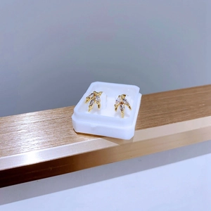 Makro-Detail von goldenen Blumen-Ohrsteckern mit Zirkonia-Steinen in einer Geschenkbox