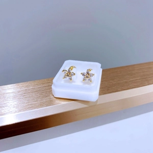 Nahaufnahme goldener Blumenohrstecker mit Zirkonia-Steinen auf einem weißen Display