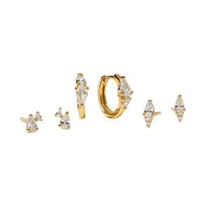 Exquisites vergoldetes Ohrring-Set mit Tropfen- und Marquise-Zirkonia Steckern und Creolen