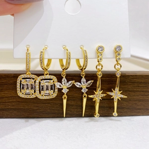 Three-pair gold zircon earrings set featuring square, petal, and starburst charms on cards