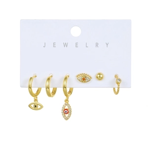 Detail of six-piece evil eye earring set with micro-inlaid zircon and gold-plated finish