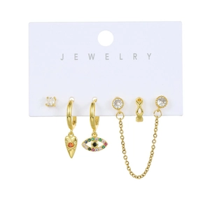 Detail of five-piece gold plated earring set with zircon evil eye and infinity charms