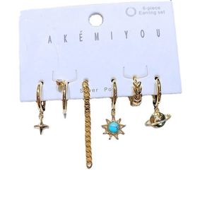 Set de 6 boucles d'oreilles dorées avec pendentifs soleil planète turquoise et chaînes
