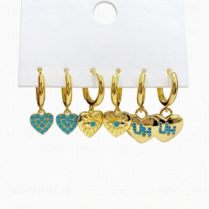 Three pairs of gold-plated hoop earrings with blue micro-pave zircon heart charms
