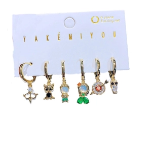 Luxus 6er-Set Goldohrringe mit bunten Zirkonia-Anhängern und Märchenmotiven für Damen