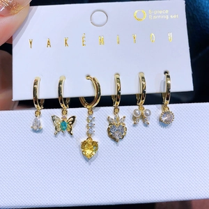 6er-Set goldene Ohrringe mit bunten Zirkonia, Schmetterlingen und Perlen für Mädchen