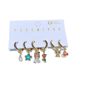 Goldenes 6-teiliges Set bunter Zirkonia-Ohrringe mit Mond- und Vogelanhängern