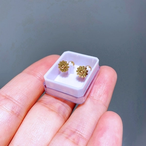 Detail von goldenen Gänseblümchen-Ohrringen aus Titan in einer kleinen transparenten Box