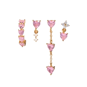 Sweet pink heart stud earring set with gold base and sparkling zircon accents