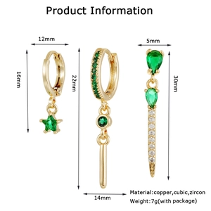 Detailed size specifications of three gold earrings with green cubic zirconia and copper
