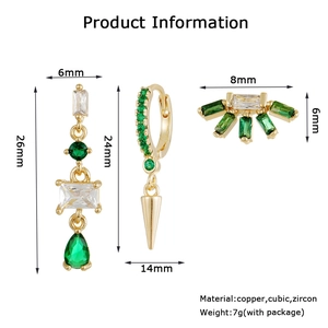 Detailed size and material guide for gold-plated copper earrings with green zircon