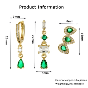 Detail view of gold-plated copper earrings set with green cubic zirconia and dimensions