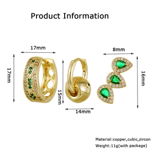 Detailed view of three gold-plated copper earrings with green cubic zirconia and measurements