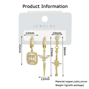 Detaillierte Größentabelle für das 18K vergoldete Ohrring-Set mit Zirkonia-Steinen