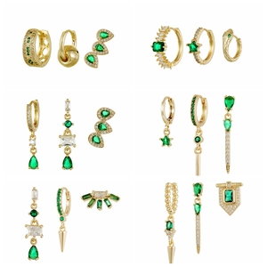Vintage Copper Real Gold Plated Green Cubic Zirconia Hoop And Stud Earrings Combination For Women Elegant Jewelry Gift