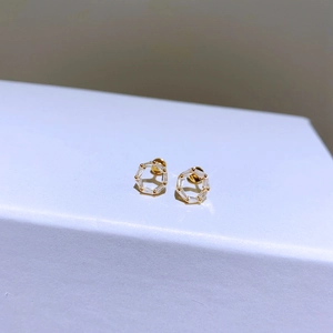 Makroaufnahme goldener Hexagon-Ohrstecker mit Zirkonia-Steinen im Mikropavé-Stil