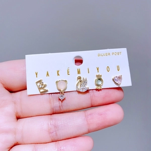 5-piece set of sweet candy heart and swan stud earrings with zircon and silver posts