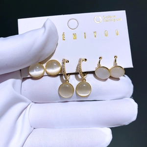 Cat Eye Stone Jewelry Earrings With Zircon 14K Gold Plated Copper Round Studs Hoops Ear Clips Fashion Commute Jewelry For Women