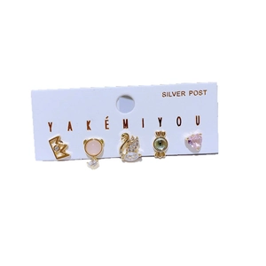 Sweet 5-piece earring set featuring swan, pink heart and crystal studs on white card