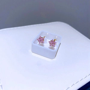 Nahaufnahme von rosa sternförmigen Zirkonia-Ohrringen mit goldenem Titanstahl-Sockel