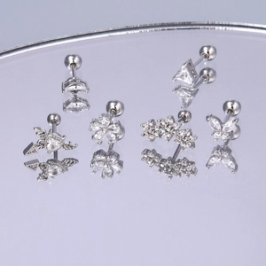 Edelstahl Zirkonia Ohrstecker Schraubverschluss Mode Piercing Schmuck Für Damen Silberfarben Blumen Schmetterling Stern Mond Muster