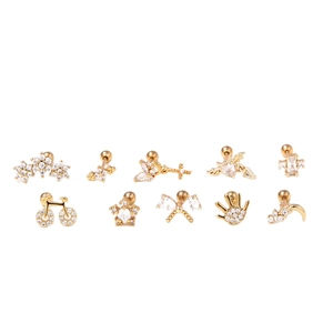 10er-Set goldene Mini-Ohrstecker aus Edelstahl mit funkelnden Zirkonia in diversen Formen