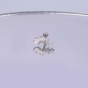 Makroaufnahme von Silber-Ohrstecker mit Zirkonia in Marquise-Form im geschwungenen Design