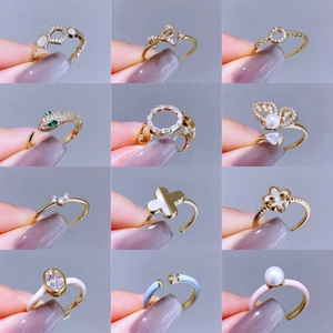 Elegant Gold Copper Zirconia Ring Collection Niche Design Adjustable Open Ring With Artificial Pearl Shell Enamel For Women Jewelry Gift