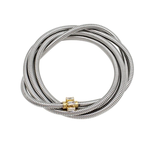 Detail of silver spiral cord with gold rectangle clasp set with sparkling zircons
