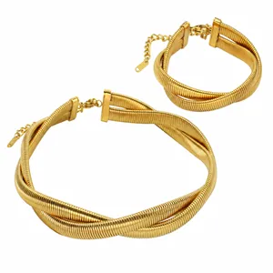 18K Gold Plated Stainless Steel Double Layer Twist Snake Bone Necklace Bracelet Jewelry Set For Women European Fashion Choker Bangle Set