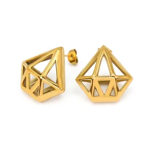 Vintage Minimalist Geometric Hollow Stainless Steel Stud Earrings 18K Gold Plated Diamond Shape Earrings For Women Jewelry
