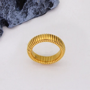 Detail of a vintage-style gold-plated titanium steel ring with a spiral ribbed texture