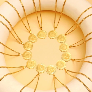 Collection of twelve golden zodiac pendant necklaces arranged in a circular radial display